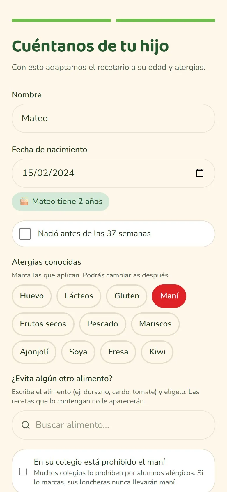 Perfil del hijo con edad y alergias en MiniChefs