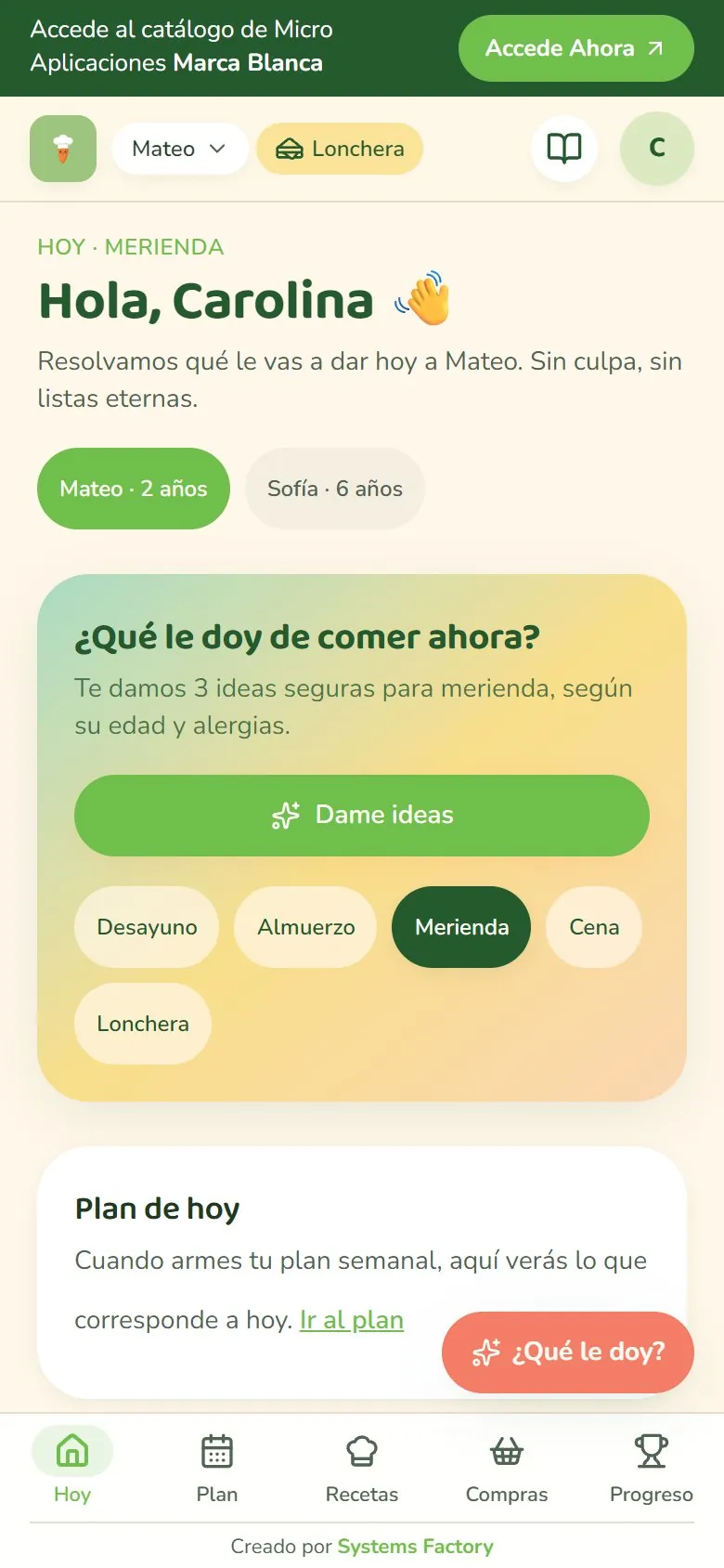 Pantalla Hoy de MiniChefs con las comidas del día