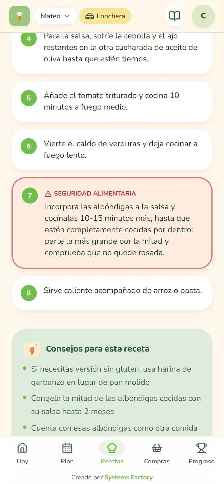 Paso de una receta marcado como seguridad alimentaria