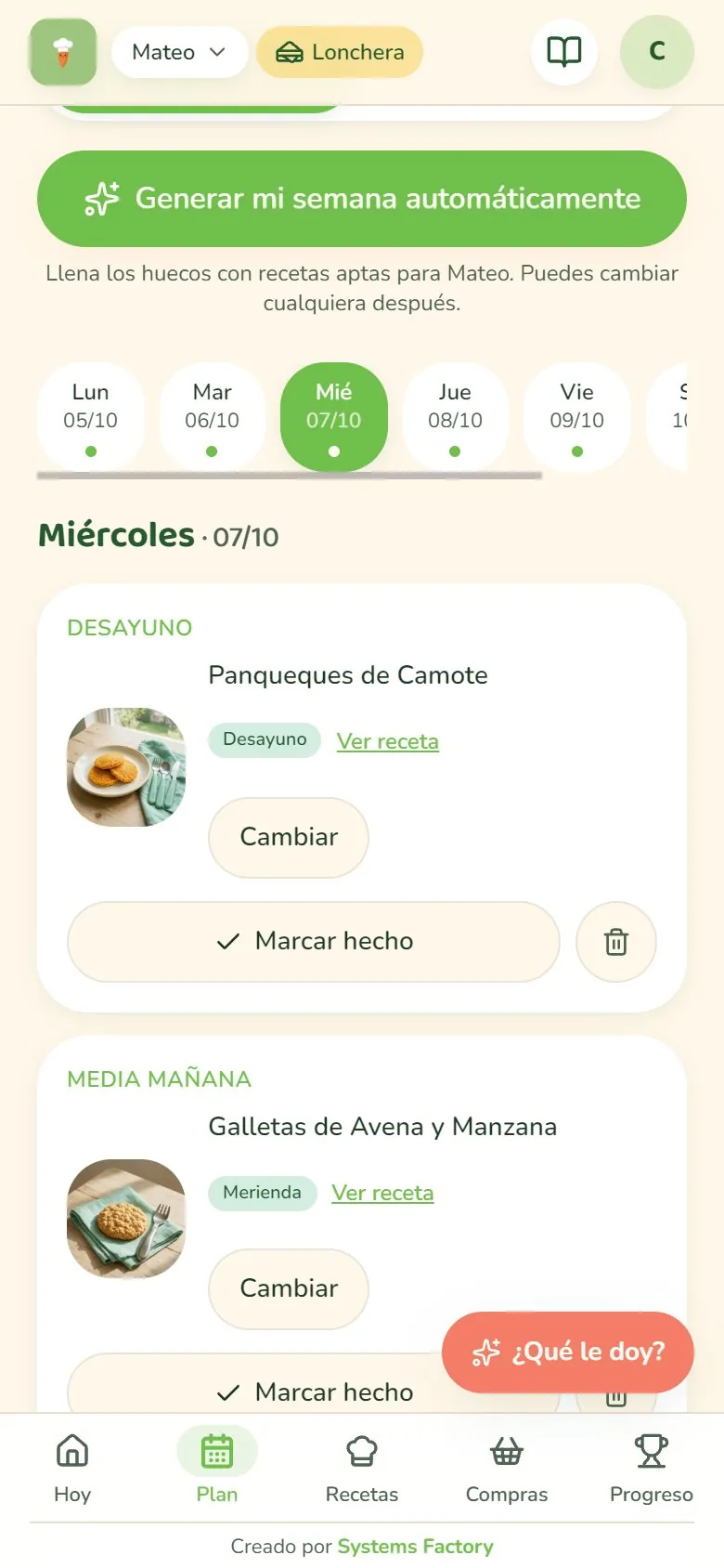 Plan del día con las comidas organizadas en MiniChefs