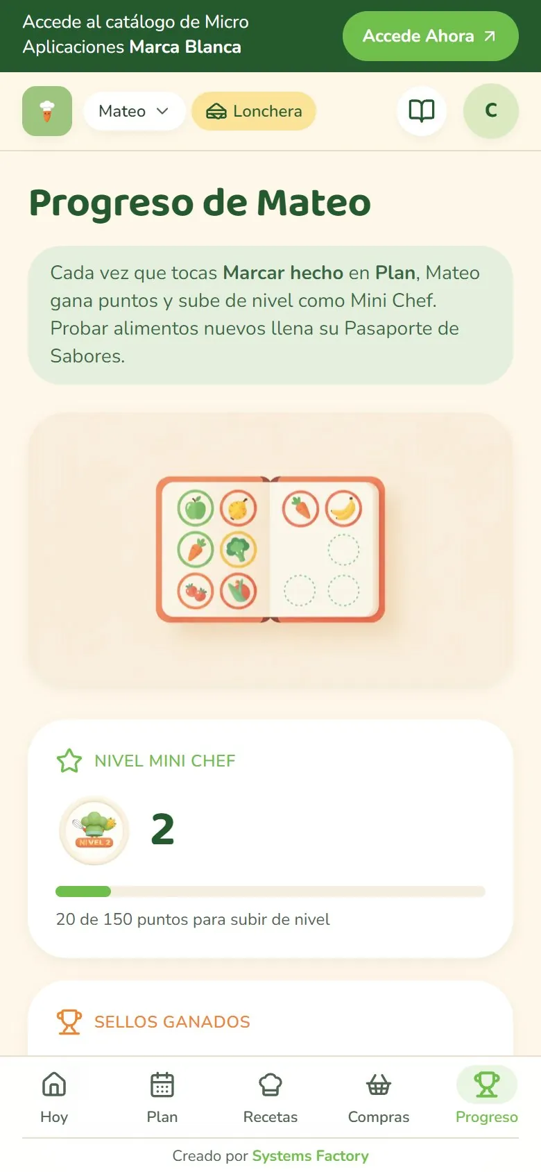 Progreso del niño con puntos y nivel Mini Chef