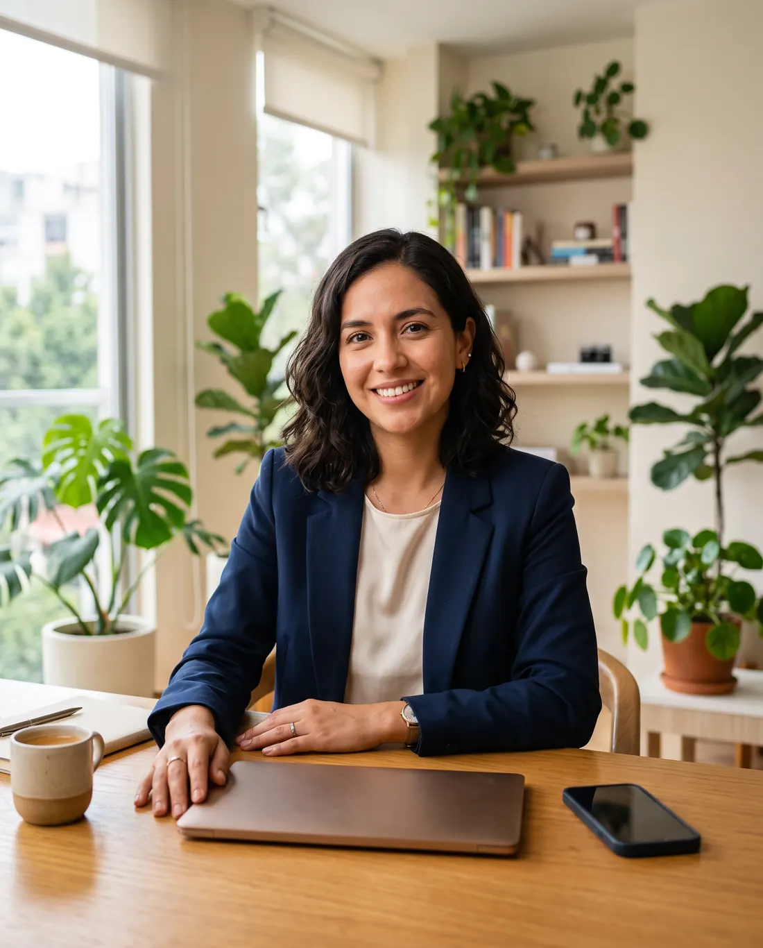 Emprendedora sonriendo en su espacio de trabajo