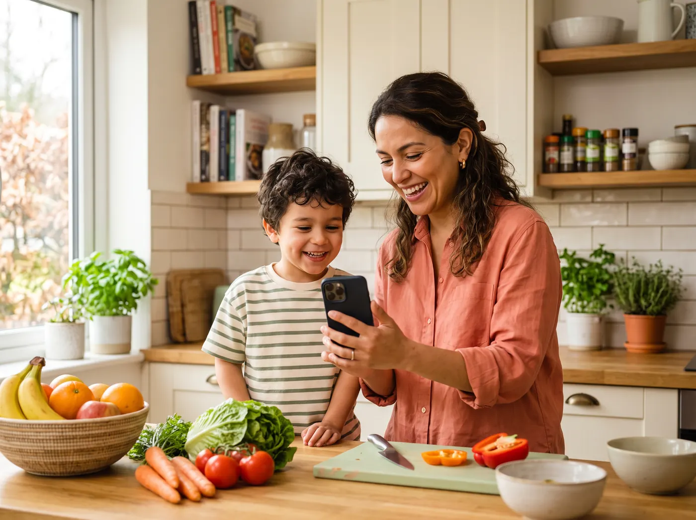 Mamá y su hijo en la cocina mirando juntos un celular