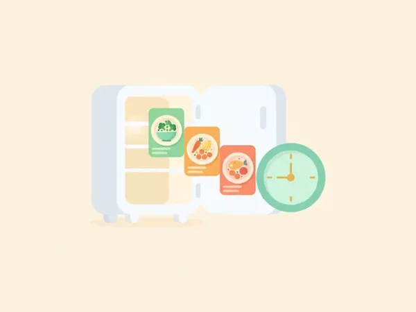 Ilustración de ideas de comida junto a un refrigerador