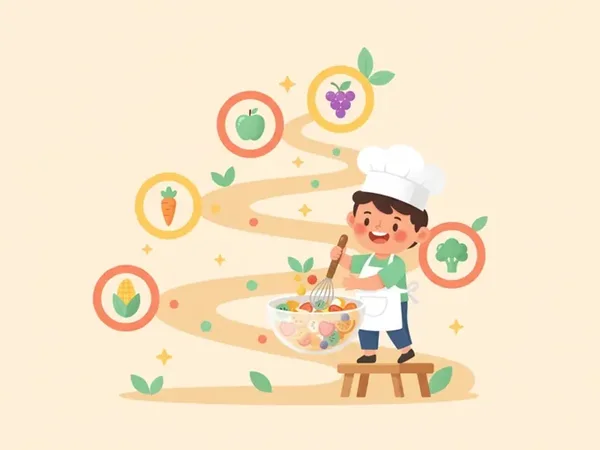 Ilustración de un niño chef avanzando por un camino de alimentos