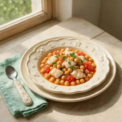 Foto real de la receta Garbanzos con pescado blanco y tomate